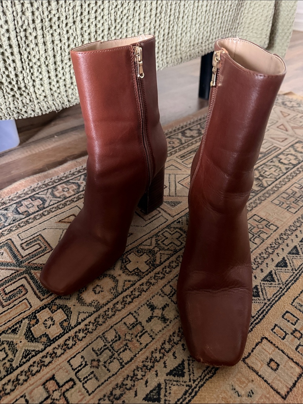 Ann Taylor Chestnut Brown Square-Toe Mid-Calf Block Heel Boots